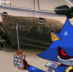 Size: 735x724 | Tagged: safe, artist:koasku, metal sonic, 2025, black sclera, english text, holding something, looking at viewer, meme, photographic background, robot, screwdriver, signature, solo