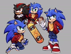 Size: 2048x1567 | Tagged: safe, artist:miralura, shadow the hedgehog, sonic the hedgehog, 2025, alternate universe, au:spy (miralura), claws, clothes, duo, ear fluff, fingerless gloves, gay, grey background, jacket, jeans, looking at viewer, looking offscreen, protecting, shadow x sonic, shipping, shirt, simple background, skateboard, smile, standing