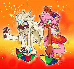 Size: 2048x1926 | Tagged: safe, artist:rratazwna, amy rose, silver the hedgehog, 2025, abstract background, alternate outfit, alternate universe, amybetes, cute, duo, holding something, looking offscreen, silvabetes, umbrella