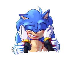 Size: 813x714 | Tagged: safe, artist:miralura, shadow the hedgehog, sonic the hedgehog, 2025, clenched teeth, duo, eyes closed, gay, hands on another's face, shadow x sonic, shipping, signature, simple background, smile, solo focus, white background