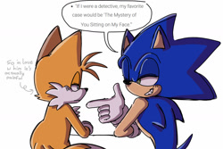 Size: 1319x879 | Tagged: suggestive, artist:ilovetails, artist:insaneaboutthislittlefox, miles "tails" prower, sonic the hedgehog, 2025, dialogue, duo, english text, flirting, frown, gay, lidded eyes, looking at each other, pointing, shipping, simple background, smile, sonic x tails, speech bubble, white background, wink