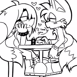 Size: 2048x2048 | Tagged: safe, artist:splatanastampurr, kit the fennec, miles "tails" prower, 2025, blushing, chair, cute, date, dialogue, duo, english text, gay, heart, kitabetes, kitails, lidded eyes, line art, looking offscreen, monochrome, mouth open, shipping, simple background, sitting, smile, table, tailabetes, white background