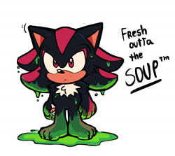 Size: 2003x1789 | Tagged: safe, artist:mercurio-shadowz, shadow the hedgehog, 2025, baby, baby shadow, barefoot, cute, english text, frown, liquid, looking offscreen, pawpads, paws, shadowbetes, simple background, solo, white background