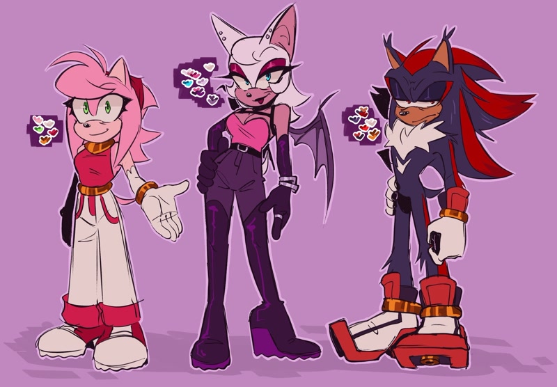 Size: 2048x1423 | Tagged: safe, artist:honestlynotgonnalie, amy rose, rouge the bat, shadow the hedgehog, comic:now what?, 2025, aged up, color reference dots, featured image, frown, kneehighs, lidded eyes, looking at viewer, older, outline, purple background, shadow (lighting), simple background, smile
