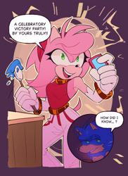 Size: 1489x2048 | Tagged: safe, artist:honestlynotgonnalie, amy rose, sonic the hedgehog, comic:now what?, 2025, abstract background, comic, dialogue, duo, english text, holding something, outline, pain, paintbrush, phone, smile, speech bubble