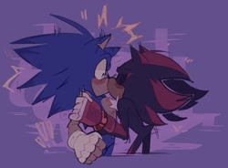 Size: 1747x1284 | Tagged: safe, artist:honestlynotgonnalie, shadow the hedgehog, sonic the hedgehog, 2024, abstract background, blushing, exclamation mark, gay, heart, holding them, kiss, shadow x sonic, shipping, signature, standing, surprise kiss, surprised, wagging tail