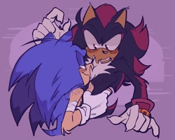 Size: 1836x1468 | Tagged: safe, artist:honestlynotgonnalie, shadow the hedgehog, sonic the hedgehog, 2024, abstract background, bandage, blushing, claws, clenched teeth, duo, frown, gay, holding them, lidded eyes, looking at each other, shadow x sonic, shipping, signature, smile