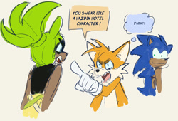 Size: 2048x1393 | Tagged: safe, artist:lavenderbirchtrees, miles "tails" prower, sonic the hedgehog, surge the tenrec, 2025, dialogue, english text, hazbin hotel, looking at each other, looking at them, mouth open, pointing, simple background, speech bubble, thought bubble, top surgery scars, trans male, transgender, trio, yellow background