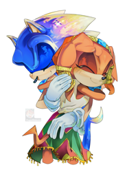 Size: 1514x2048 | Tagged: safe, artist:cupofadonis, sonic the hedgehog, tikal, 2024, cute, duo, eyelashes, hugging, platonic, signature, simple background, smile, sonabetes, standing, tikalbetes, white background, wholesome