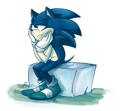 Size: 832x756 | Tagged: safe, artist:prosonic, sonic the hedgehog, 2012, frown, grass, head rest, lidded eyes, limited palette, looking offscreen, signature, simple background, sitting, solo, white background