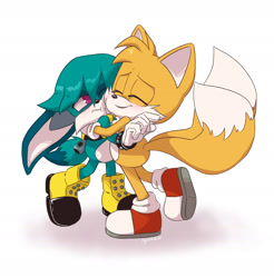 Size: 1850x1881 | Tagged: safe, artist:squorkalart, kit the fennec, miles "tails" prower, 2025, cute, duo, gay, hugging, kitails, shipping, simple background, white background