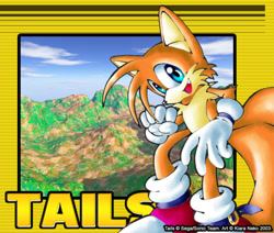 Size: 707x600 | Tagged: safe, artist:kiaraneko, miles "tails" prower, 2003, 3d, abstract background, character name, clenched fist, cute, looking at viewer, mouth open, signature, smile, solo, tailabetes