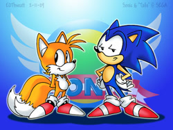 Size: 434x324 | Tagged: safe, artist:thweatted, miles "tails" prower, sonic the hedgehog, 2009, abstract background, banner, character name, classic sonic, classic tails, duo, hands behind back, hands on hips, lidded eyes, looking at viewer, looking offscreen, outline, signature, smile, standing