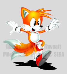 Size: 694x768 | Tagged: safe, artist:thweatted, miles "tails" prower, 2007, classic style, classic tails, grey background, looking offscreen, mouth open, obtrusive watermark, shadow (lighting), signature, simple background, smile, solo, watermark