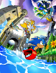 Size: 2550x3300 | Tagged: safe, artist:nextgrandcross, miles "tails" prower, sonic the hedgehog, 2012, abstract background, badnik, daytime, duo focus, flower, flying, grass, little planet, looking ahead, looking offscreen, outdoors, running, running on water, smile, sonic 4: episode 2, spinning tails, splash, sylvania castle, water, waterfall, zoomer