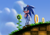 Size: 1200x844 | Tagged: safe, artist:default-deviant, sonic the hedgehog, hedgehog, green hill zone, 2010, abstract background, clouds, daytime, grass, hand on hip, lineless, looking offscreen, male, outdoors, ring, smile, solo, sunflower