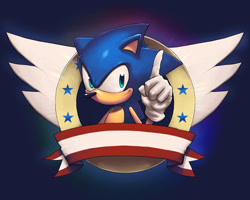 Size: 850x680 | Tagged: safe, artist:2dforever, sonic the hedgehog, 2010, alternate eye color, banner, blue eyes, classic sonic, gradient background, looking at viewer, pointing, smile, solo