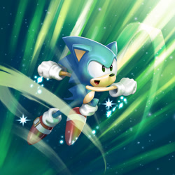 Size: 850x850 | Tagged: safe, artist:2dforever, sonic the hedgehog, sonic cd, 2011, abstract background, classic sonic, clenched fists, lineless, looking ahead, looking offscreen, mouth open, smile, solo, sparkles, time travel