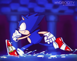 Size: 1280x1024 | Tagged: safe, artist:moccacino-chan, sonic the hedgehog, hydrocity zone, 2017, abstract background, classic sonic, clenched fists, looking ahead, looking offscreen, running, running on water, signature, smile, solo, sonic the hedgehog 3, water