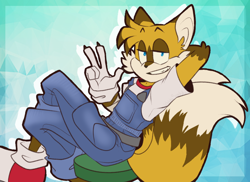 Size: 934x679 | Tagged: safe, artist:webbisnekki, miles "tails" prower, 2020, abstract background, alternate universe, chair, claws, clenched teeth, clothes, ear fluff, legs crossed, lidded eyes, looking at viewer, older, outline, overalls, sassy, smile, solo, v sign