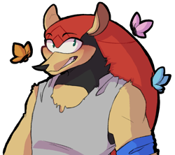 Size: 576x512 | Tagged: safe, artist:webbisnekki, mighty the armadillo, 2020, armband, blushing, bug, butterfly, clenched teeth, clothes, literal animal, looking at viewer, older, simple background, smile, solo, tank top, transparent background