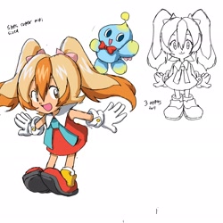 Size: 2048x2048 | Tagged: safe, artist:tahubaccem, cheese (chao), cream the rabbit, chao, human, duo, english text, humanized, neutral chao, simple background, white background