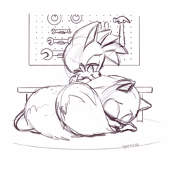 Size: 2048x1980 | Tagged: safe, artist:squorkalart, miles "tails" prower, sonic the hedgehog, 2022, bench, duo, eyes closed, hammer, lidded eyes, line art, looking at them, monochrome, signature, simple background, sketch, sleeping, smile, tape, toolshed, white background, wrench