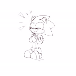 Size: 2048x2048 | Tagged: safe, artist:squorkalart, sonic the hedgehog, 2022, adhd, badge, cute, eyes closed, hands on hips, headcanon, line art, monochrome, signature, simple background, sketch, smile, solo, sonabetes, white background