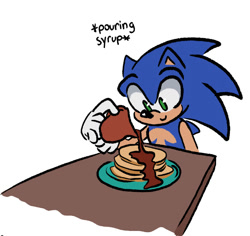 Size: 795x749 | Tagged: safe, artist:mstormcloud, sonic the hedgehog, 2025, cute, english text, flat colors, food, holding something, looking at something, pancake, plate, simple background, smile, solo, sonabetes, syrup, table, top surgery scars, trans male, transgender, white background