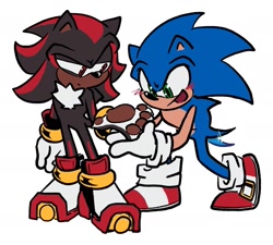 Size: 1673x1504 | Tagged: safe, artist:mstormcloud, shadow the hedgehog, sonic the hedgehog, 2025, blushing, duo, flat colors, food, frown, gay, holding something, looking at something, presenting, shadow x sonic, shadowbetes, shipping, simple background, smile, sonabetes, standing, trans male, transgender, wagging tail, white background