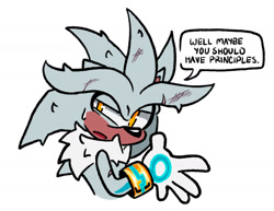 Size: 1736x1337 | Tagged: safe, artist:mstormcloud, silver the hedgehog, 2025, cute, dialogue, english text, flat colors, looking back, looking over shoulder, mouth open, simple background, solo, speech bubble, sweatdrop, talking, talking to offscreen character, white background