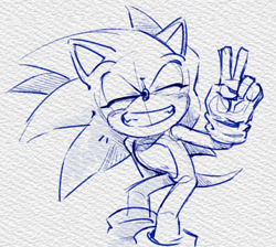 Size: 730x654 | Tagged: safe, artist:candycatstuffs, sonic the hedgehog, 2025, clenched teeth, line art, looking at viewer, monochrome, sketch, smile, solo, traditional media, v sign