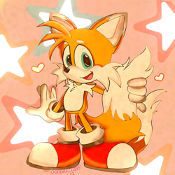 Size: 1200x1200 | Tagged: safe, artist:olliearts2, miles "tails" prower, 2025, abstract background, beanbrows, heart, holding tail, looking at viewer, mouth open, redraw, signature, smile, solo, standing, star (symbol)