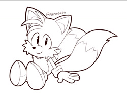 Size: 1399x1048 | Tagged: safe, artist:papagabu, miles "tails" prower, 2025, classic tails, line art, looking at viewer, monochrome, signature, simple background, sitting, smile, solo, white background