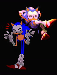 Size: 1249x1634 | Tagged: safe, artist:melon-bunbuns, oc, oc:rewrite sonic, 2025, black background, duality, eyes closed, hands behind head, leg warmers, simple background, smile, solo, standing