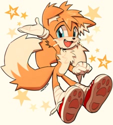 Size: 1851x2048 | Tagged: safe, artist:andy_pelusa, miles "tails" prower, 2025, arm fluff, chest fluff, ear fluff, fluffy, looking at viewer, mouth open, one fang, pawpads, signature, simple background, smile, solo, star (symbol), whiskers, white background