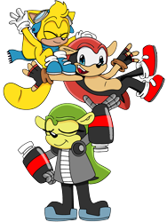 Size: 2304x3072 | Tagged: safe, artist:dragon22551, matilda the armadillo, mighty the armadillo, ray the flying squirrel, 2023, blue shoes, boots, carrying them, eyes closed, fingerless gloves, goggles, scarf, simple background, smile, standing, transparent background, trio