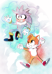 Size: 1106x1565 | Tagged: safe, artist:doctorgrumbletoon, miles "tails" prower, silver the hedgehog, 2019, abstract background, blushing, clouds, cute, duo, flying, one eye closed, psychokinesis, silvabetes, smile, spinning tails, tailabetes