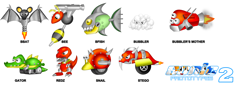 Size: 2000x750 | Tagged: safe, artist:tokeitime, buzz bomber, sonic the hedgehog 2, 2011, badnik, bbat, bfish, bubbler, bubbler's mother, character name, gator, group, prototype, redz, robot, simple background, snail (badnik), stego, white background