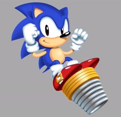 Size: 2048x1993 | Tagged: safe, artist:astartshow, sonic the hedgehog, 2017, classic sonic, classic style, clenched fists, grey background, looking at viewer, simple background, smile, solo, sonic chaos, spring