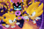 Size: 1024x683 | Tagged: safe, artist:leifii, sonic the hedgehog, super sonic, 2018, abstract background, classic sonic, classic sonic (universe), flying, lineless, mid-air, self paradox, signature, smile, sonic generations, super form, time eater, trio