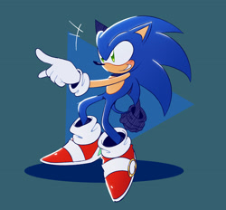 Size: 2022x1878 | Tagged: safe, artist:emistations, sonic the hedgehog, 2025, abstract background, blushing, clenched teeth, pointing, smile, solo, standing