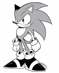 Size: 1869x2310 | Tagged: safe, artist:emistations, sonic the hedgehog, 2025, clenched fists, greyscale, looking offscreen, monochrome, signature, simple background, smile, solo, standing, white background