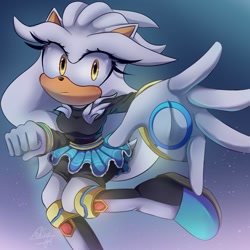 Size: 1200x1200 | Tagged: safe, artist:ferliane, silver the hedgehog, 2022, abstract background, bodysuit, clothes, frown, gender swap, looking at viewer, reaching towards the viewer, signature, skirt, solo