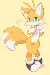 Size: 1200x1800 | Tagged: safe, artist:ancesra, miles "tails" prower, 2024, bell, black shoes, collar, cute, japanese text, looking at viewer, paw pose, simple background, smile, solo, standing, tailabetes, yellow background