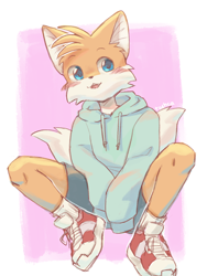 Size: 1262x1679 | Tagged: safe, artist:teuga, miles "tails" prower, 2023, abstract background, blushing, clothes, cute, ear fluff, hoodie, mouth open, oversized, shoelaces, shorts, smile, sneakers, solo, squatting, tailabetes