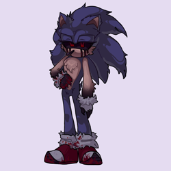 Size: 1500x1500 | Tagged: safe, artist:wtmmheastl, oc, oc:sonic.exe, 2024, black blood, black sclera, bleeding, bleeding from eyes, blood, blood stain, chest fluff, claws, grey background, hand on hip, lidded eyes, looking offscreen, simple background, solo, standing, torn gloves, torn socks