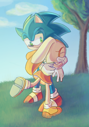 Size: 1122x1600 | Tagged: safe, artist:nelliari, cream the rabbit, sonic the hedgehog, 2023, abstract background, cute, daytime, duo, eyes closed, grass, hugging, lidded eyes, outdoors, smile, standing, tree