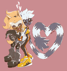 Size: 1700x1800 | Tagged: safe, artist:pokiisu, tangle the lemur, whisper the wolf, 2025, cute, duo, eyes closed, heart, heart tail, hugging, hugging from behind, lesbian, mouth open, pink background, shipping, signature, simple background, smile, standing, tangabetes, tangle x whisper, whispabetes