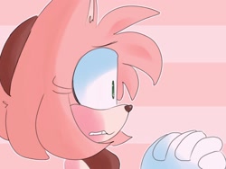 Size: 2048x1536 | Tagged: safe, artist:artyyline, amy rose, 2018, abstract background, clenched teeth, hands together, looking offscreen, side view, solo, striped background